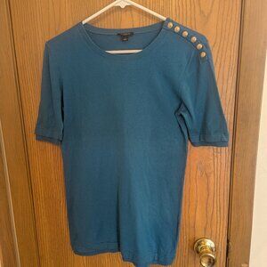 Ann Taylor Teal Blue Short Sleeve Knit Gold Button Sweater Top- Size Small